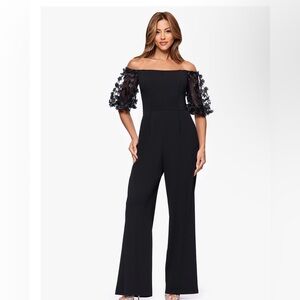 Xscape Black Off-Shoulder Flower Lace Sleeve Wide-Leg Jumpsuit | NWT | Size 4